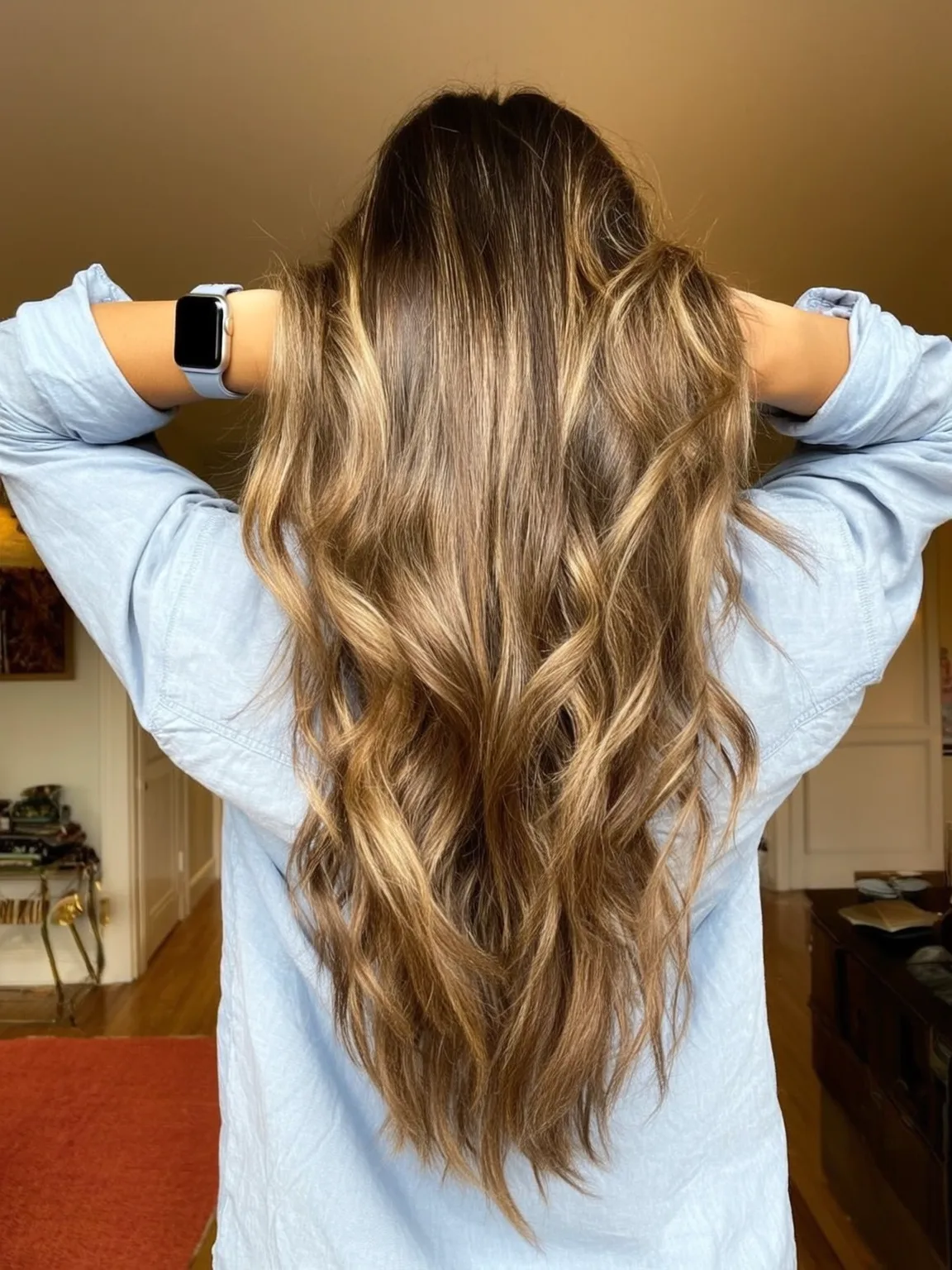 warm caramel brown with golden highlights long layers